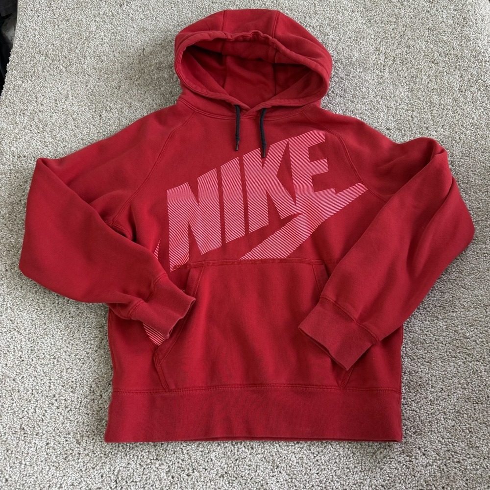 Nike Hoodie Mens S Red Fleece Pullover Kangaroo Big Logo Athletic Sweatshirt
